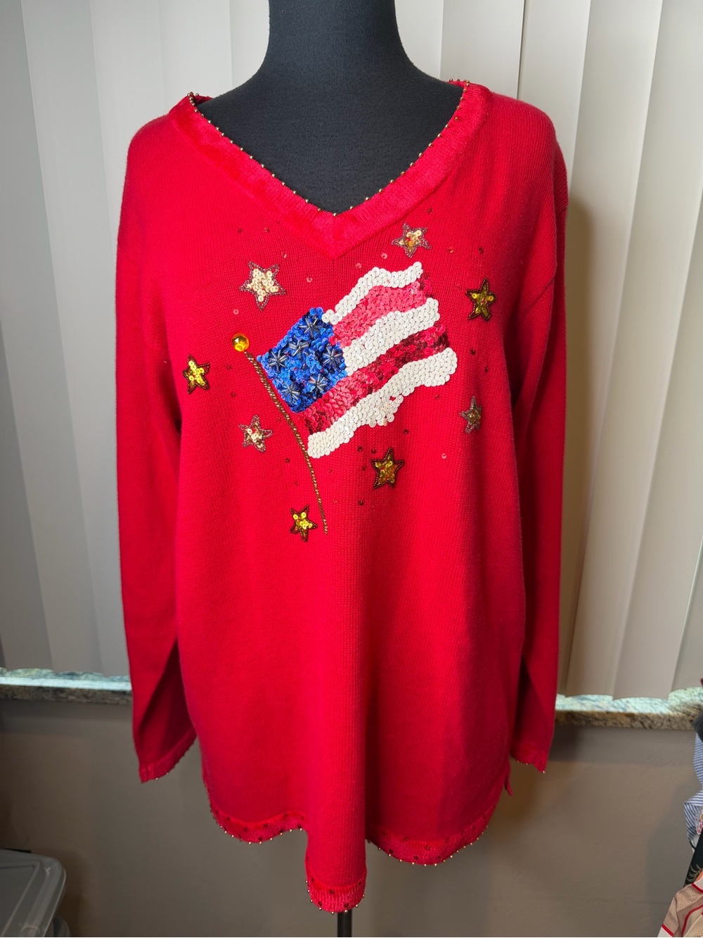 Quacker Factory V-neck sweater embellished sequin bead American flag SZ XL